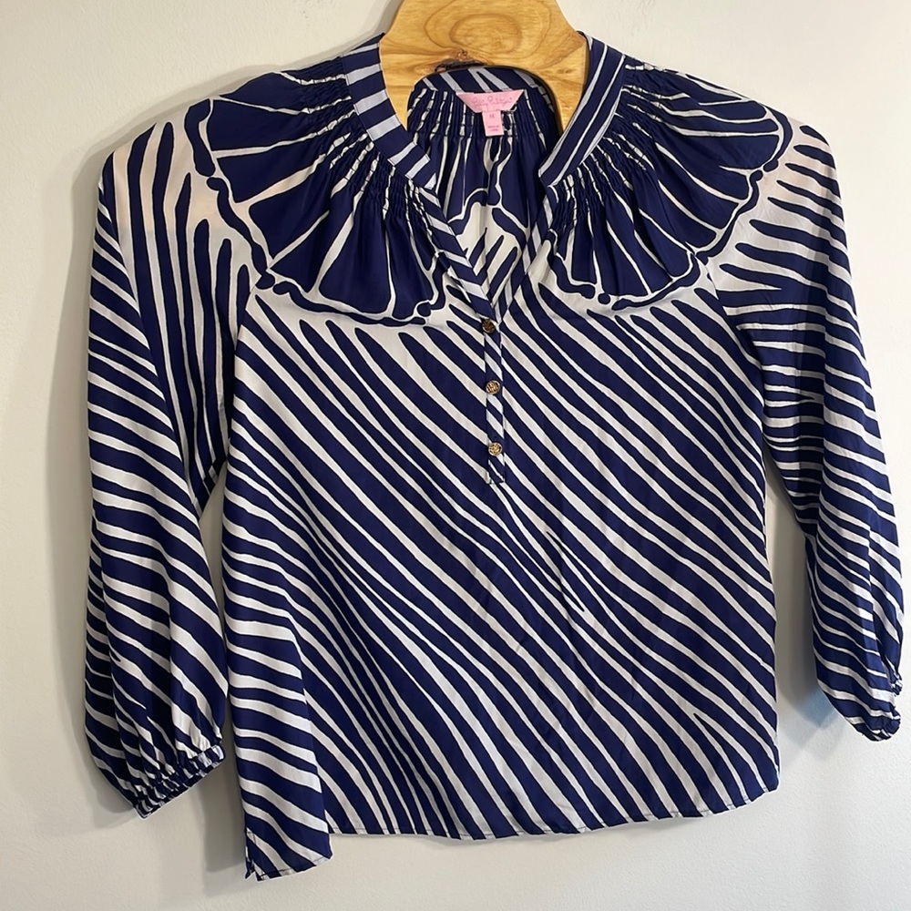 Lilly Pulitzer Sz Medium Navy Blue/White 3 Gold Button Tunic 100% Silk!!!!